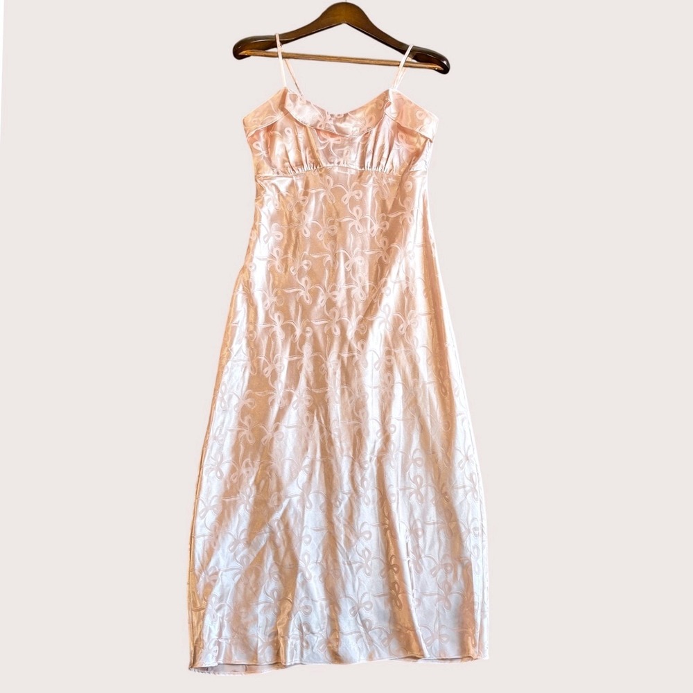 Evolutionary Babydoll Slip Dress L Pink Satin Bow Jacquard Ruffle V-Neck Maxi